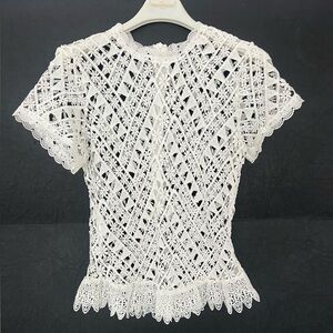 Italian White Lace Short Sleeve Top w/Contasting Scalloped Lace Trim Rear Zipper